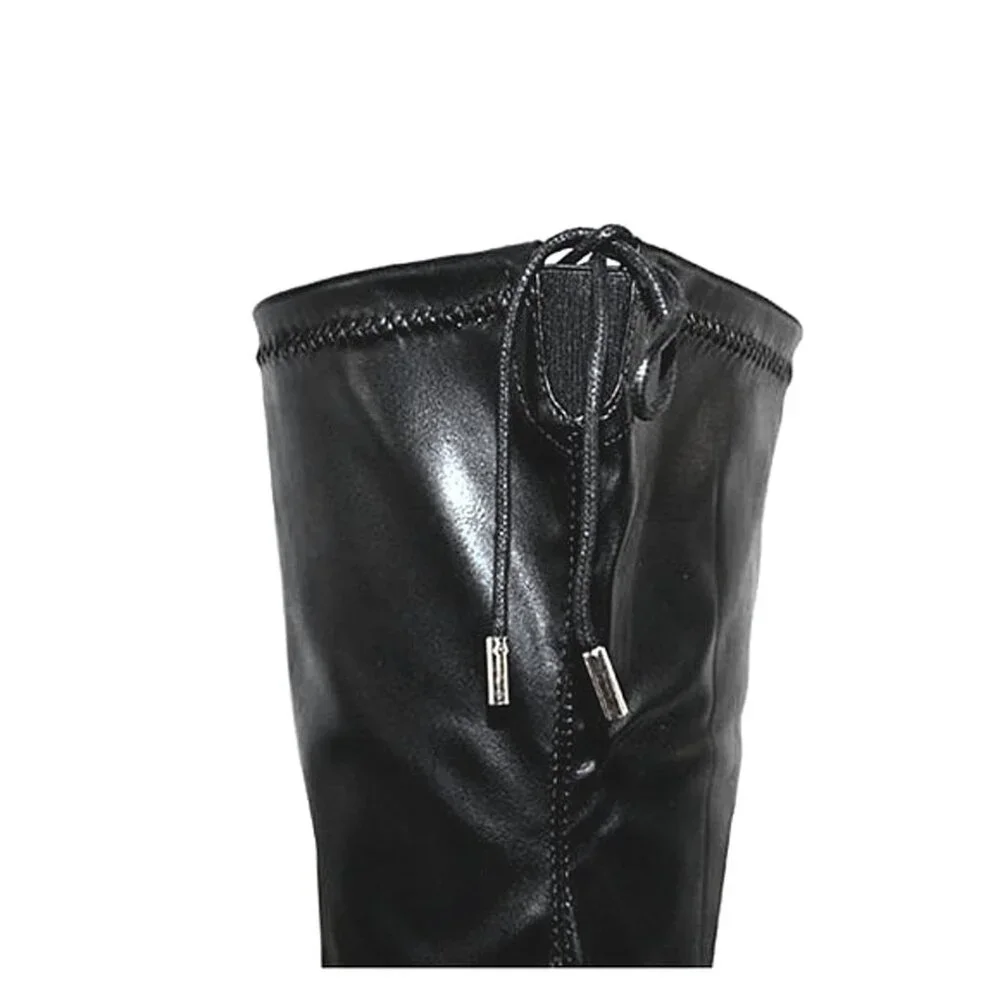 🖤 Bold & Fierce Pointed Toe Thigh-High Silhouette Black PU Stiletto Boots